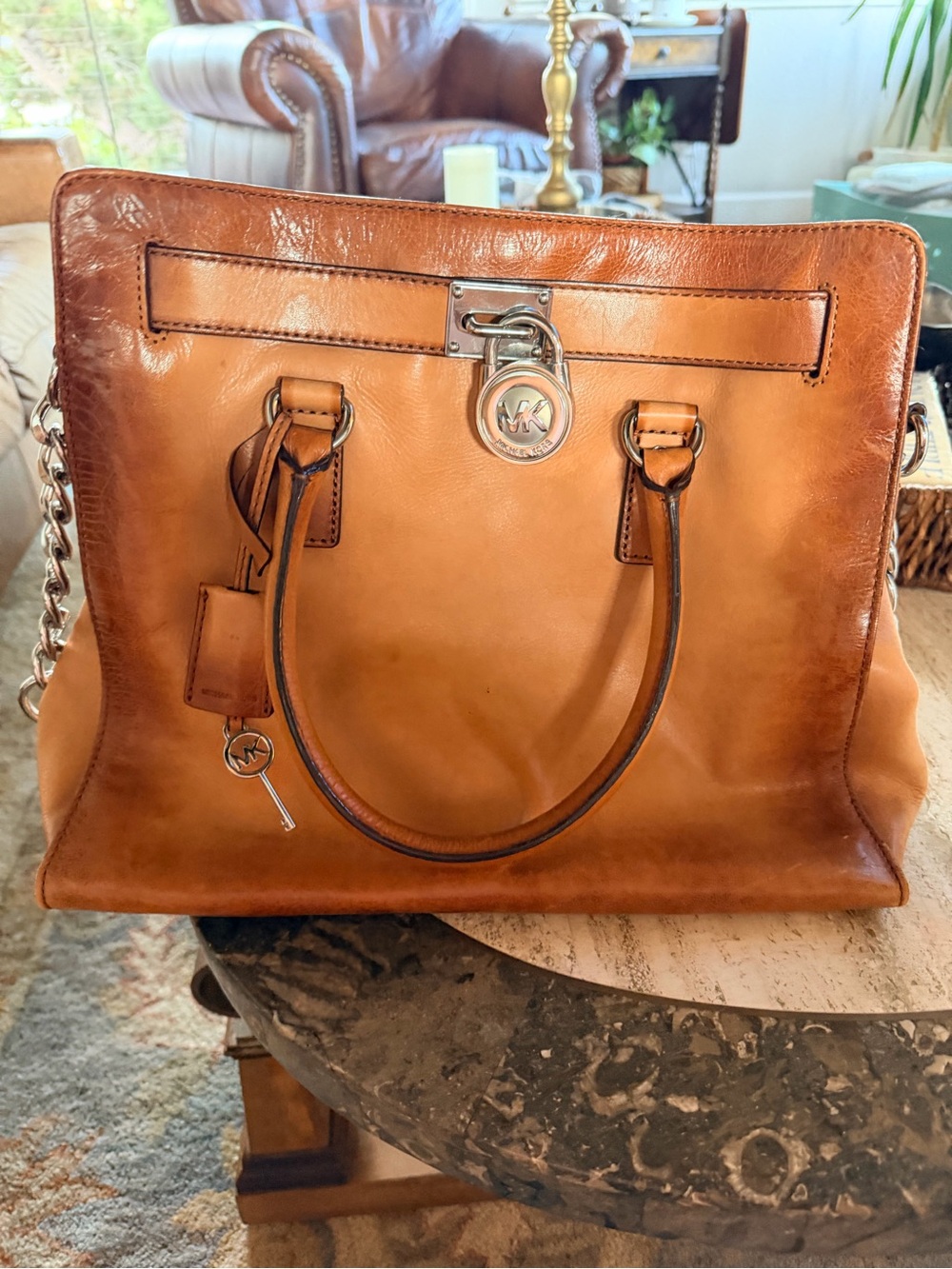 Michael Kors Cognac Leather Tote with Chain-Accent Strap